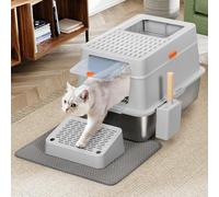 BAKAJI Arenero para gatos XXL con base de acero y puerta bloqueable, plataforma antiarena, pala para recogida con contenedor y alfombrilla antisuciedad, capacidad 35 litros, 60 x 40 x 38,5 cm