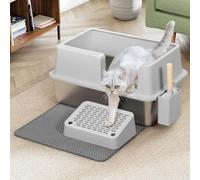 BAKAJI Arenero para Gatos XXL semiabierto con Base de Acero Inoxidable, Capacidad de 35 litros y Plataforma antiarena, Pala con Recipiente y Alfombrilla antisuciedad, 60 x 40 x 30 cm