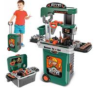 BAKAJI Banco de herramientas de juguete para niños, portátil, plegable con ruedas y transportable en maletín, con 25 accesorios de juego herramientas herramientas de trabajo DIY tamaño 50 x 66 cm
