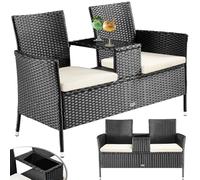 BAKAJI Banco de jardín de polirratán con Mesa integrada y Cojines, Banco de 2 plazas de Exterior, Resistente a los Rayos UV y a la Intemperie, Banco de sofá con Estante de Cristal, 123 x 54 x 82,5 cm