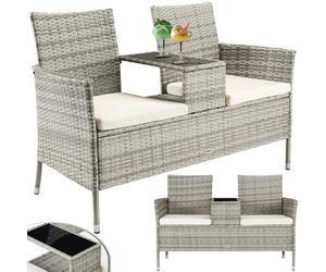 BAKAJI Banco de jardín de polirratán con Mesa integrada y Cojines, Banco de 2 plazas de Exterior, Resistente a los Rayos UV y a la Intemperie, Banco de sofá con Estante de Cristal, 123 x 54 x 82,5 cm