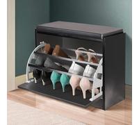 BAKAJI Banco Zapatero ahorrador de Espacio de Madera con Puerta abatible Triple Profundidad y Asiento de Piel sintética, baúl de 60 x 30 x 48 cm (Negro)