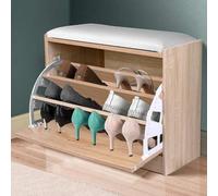 BAKAJI Banco Zapatero ahorrador de Espacio de Madera con Puerta abatible Triple Profundidad y Asiento de Piel sintética, baúl de 60 x 30 x 48 cm (Roble)