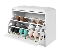 BAKAJI Banco Zapatero para Zapatos de Madera con Puerta abatible, Triple Profundidad y Asiento de Cuero ecológico, baúl de 60 x 30 x 48 cm (Blanco)