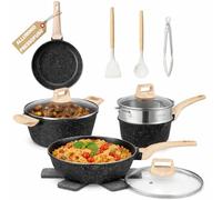 BAKAJI Batería de ollas y sartenes de 15 piezas de inducción y gas, juego apto para todas las placas de cocción, antiadherente de aluminio fundido a presión y efecto granito con tapa y accesorios