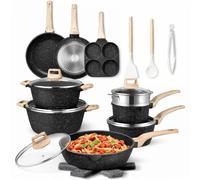 BAKAJI Batería de ollas y sartenes de 21 piezas de inducción y gas, juego apto para todas las placas de cocción, antiadherente de aluminio fundido a presión y efecto granito con tapa y accesorios