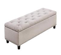 BAKAJI - Baúl de almacenaje con reposapiés para Dormitorio, Banco con Estructura de Madera y Revestimiento de Tela, Asiento abatible Acolchado, Color Beige, Dimensiones: 121 x 42 x 43 cm.