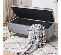 BAKAJI Baúl de Almacenamiento con reposapiés para Dormitorio, Banco de Madera, Revestimiento de Tela de Terciopelo, Asiento abatible Acolchado, Patas Doradas (Gris)
