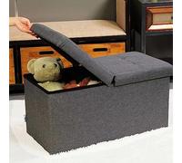 BAKAJI Baúl de Almacenamiento con Revestimiento de Lino, reposapiés con Estructura de Madera, Asiento Acolchado y cómodo, Multiusos, Ideal para Dormitorio, Entrada, diseño Moderno (Gris)