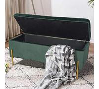 BAKAJI Baúl Puf Contenedor Banco Taburete Reposapiés de Tela Terciopelo Verde, Madera, Medio