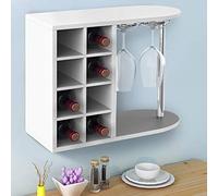 BAKAJI Botellero para Botellas de Vino, licores de Pared o Mesa, Estructura de Madera, Bodega con 2 estantes, 8 Huecos, botellero y Estante Porta Copas de Metal, 42 x 52 x 28 cm (Blanco)