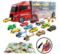BAKAJI Camión Bisarca para puerta de coche con rampa de tobogán, 6 máquinas incluidas, mapa de ciudad y accesorios, juguete para niños portátil