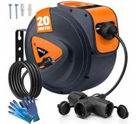 Bakaji - Carrete de cable eléctrico con cable enchufe Shucko fijación de pared sistema de bloqueo automático, ahorro de espacio, extensión eléctrica profesional y bricolaje (20 m 3 enchufes)
