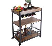 BAKAJI Carrito de cocina con 3 estantes con bandeja de desayuno extraíble, compartimento para botellas de 4 plazas + estante portavasos con estructura de metal y madera, industrial