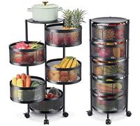 BAKAJI Carrito de Cocina de Metal con 5 estantes con Cesta Que se abren y 4 Ruedas giratorias a 360 Grados, Ahorra Espacio, decoración de la casa o la Cocina. Tamaño 85 x 30 cm. Diseño Moderno