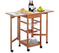 BAKAJI Carrito de Cocina Extensible con Superficies de Apoyo alicatadas Plegables para Ahorrar Espacio, de Madera de Pino con 3 cestas fruteras de Acero, cajón para Cubiertos y 6 Ruedas giratorias