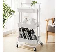 BAKAJI Carrito de Esteticista con Ruedas de Metal de 3 estantes y 4 Ruedas giratorias a 360 Grados con Freno Multiusos para Ahorrar Espacio en casa, Cocina, 32,5 x 75 x 25 cm, diseño Moderno (Blanco)
