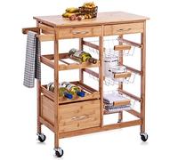 BAKAJI - Carro de Cocina de Madera de bambú con Tabla de Cortar, 2 cajones para Cubiertos, Soporte para Trapo, botelleros, 3 cestas para Fruta de Metal y 4 Ruedas giratorias