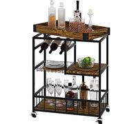 BAKAJI Carro de cocina multiusos para ahorrar espacio con estante separado y 4 ruedas, carrito de estilo industrial estructura de hierro negro y estantes de madera nogal, compartimento para botellas