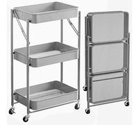 BAKAJI Carro de Cocina Plegable con 3 estantes, Cesta de 4 Ruedas giratorias a 360 Grados con Freno Integrado de Metal Trolley para Ahorrar Espacio de Servicio, Dimensiones 29 x 40 x 76 cm (Gris)