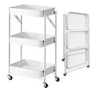 BAKAJI Carro de Cocina Plegable con 3 estantes cestas 4 Ruedas giratorias a 360 Grados con Freno Integrado de Metal con Ruedas para Ahorrar Espacio de Servicio, Dimensiones 29 x 40 x 76 cm (Blanco)