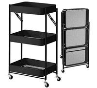 BAKAJI Carro de Cocina Plegable con 3 estantes cestas 4 Ruedas giratorias a 360 Grados con Freno Integrado de Metal con Ruedas para Ahorrar Espacio de Servicio, Dimensiones 29 x 40 x 76 cm (Negro)