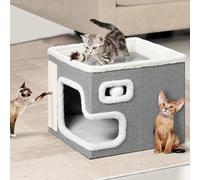 BAKAJI Caseta para Gatos con Gran Entrada, caseta Refugio para Animales domésticos, rascador de poliéster cálido y Acolchado, cucha para Gatos con Base Antideslizante, 42 x 42 x 33 cm (Gris)