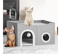 BAKAJI Caseta para Gatos Gris con Doble Entrada, caseta Refugio para Animales domésticos, rascador de poliéster cálido y Acolchado, cucha para Gatos con Base Antideslizante, 61 x 41 x 33,5 cm