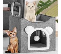 BAKAJI Caseta para Gatos Gris con Entrada arqueada, 40 x 40 x 38 cm, rascador para Mascotas, de poliéster cálido y Acolchado, 2 estantes con Base Antideslizante