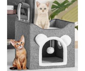 BAKAJI Caseta para Gatos Gris con Entrada arqueada, 40 x 40 x 38 cm, rascador para Mascotas, de poliéster cálido y Acolchado, 2 estantes con Base Antideslizante
