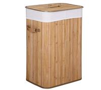 BAKAJI Cesta de lavandería sucia para casa de madera de bambú y tela, caja plegable, ahorro de espacio con tapa y asas, capacidad 70 l, dimensiones 40 x 30 x 60 cm (natural)