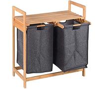 BAKAJI Cesta porta ropa sucia casa estructura de madera de bambú con 2 compartimentos, cesta extraíble de tela + estante toallero tamaño 73,5 x 63,5 x 33 cm diseño moderno