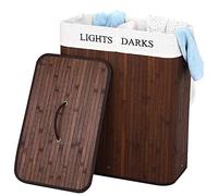 bakaji cesta ropa sucia de Doble Compartimento para la Ropa sucia casa 2 espacios ropa Clara y Oscura de madera de Bambú y Tejido recipiente de Plegable Para ahorrar Espacio con tapa y Asas capacidad
