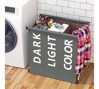 BAKAJI Cesto para la ropa sucia para la colada, 3 compartimentos, estructura de metal plegable y bolsa de tela, decoración recta, contenedor ahorro de espacio con tapa (gris oscuro)