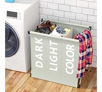 BAKAJI Cesto para la ropa sucia para la colada, 3 compartimentos, estructura de metal plegable y bolsa de tela, decoración recta, contenedor ahorro de espacio con tapa (gris claro)
