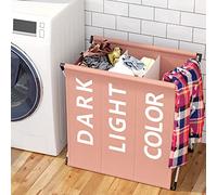 BAKAJI Cesto para la ropa sucia para la colada, 3 compartimentos, estructura de metal plegable y bolsa de tela, decoración recta, contenedor ahorro de espacio con tapa, 64 x 38 x 62 cm (Taupe)