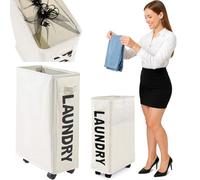 BAKAJI Cesto para la ropa sucia para la colada, delgado, ahorra espacio, plegable, de tela, decoración, con cierre de malla, mango y 4 ruedas, tamaño 39 x 20 x 56 cm (beige)