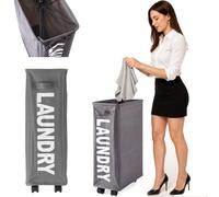 BAKAJI Cesto para la ropa sucia para la colada, delgado, ahorra espacio, plegable, de tela, decoración, con cierre de malla, mango y 4 ruedas, tamaño 39 x 20 x 56 cm (gris)