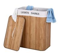 BAKAJI Cesto para Ropa Sucia de Doble Compartimento, 100 litros, 52 x 32 x 63 cm, Lienzo Madera, Naturale, Unica