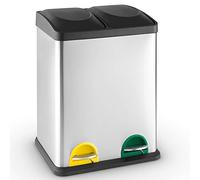 BAKAJI Cubo de basura de reciclaje de acero inoxidable y plástico con compartimentos, contenedor de basura extraíble con apertura a pedal, para casa, cocina y exterior (30 litros)