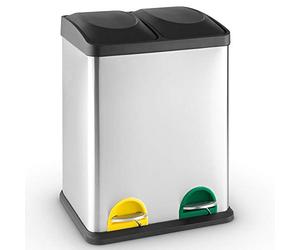 BAKAJI Cubo de basura de reciclaje de acero inoxidable y plástico con compartimentos, contenedor de basura extraíble con apertura a pedal, para casa, cocina y exterior (30 litros)
