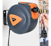 Bakaji - Enrollador de cable eléctrico con cable de 10 m, toma Shucko, fijación a la pared, sistema de bloqueo automático, ahorra espacio, accesorio enrollador de manguera alargador eléctrico