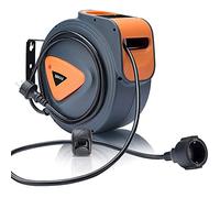 Bakaji - Enrollador de cable eléctrico con cable de 15 m, toma Shucko, fijación a la pared, sistema de bloqueo automático, ahorra espacio, accesorio enrollador de manguera alargador eléctrico