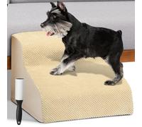 BAKAJI Escalera para Mascotas con 2 peldaños y Rodillos, Revestimiento extraíble de Tejido Acanalado, rampa para Gatos y Perros Mayores, Escalera Acolchada de Espuma de Alta Densidad (Beige)