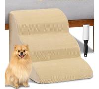 BAKAJI Escalera para Mascotas con 3 peldaños y Rodillos, Revestimiento extraíble de Tejido Acanalado, rampa para Gatos y Perros Mayores, Escalera Acolchada de Espuma de Alta Densidad (Beige)