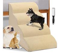 BAKAJI Escalera para Mascotas con 4 peldaños y Rodillos, Revestimiento extraíble de Tejido Acanalado, rampa para Gatos y Perros Mayores, Escalera Acolchada de Espuma de Alta Densidad (Beige)
