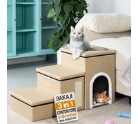 BAKAJI Escalera para Perros y Gatos 3 en 1 Plegable de poliéster Beige, Escalera para Animales domésticos multifunción, Escalera, Compartimento contenedor y caseta, peldaños ergonómicos, Fondo