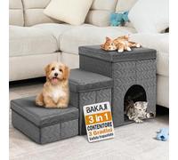 BAKAJI Escalera para Perros y Gatos 3 en 1, Plegable, de Terciopelo Acolchado Gris Oscuro, Escalera para Animales domésticos multifunción, Compartimento contenedor y caseta, escalones ergonómicos con