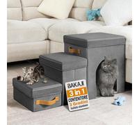 BAKAJI Escalera para perros y gatos 3 en 1 plegable de terciopelo holandés gris, escalera para animales domésticos multifunción, escalera, compartimiento contenedor y caseta, peldaños ergonómicos