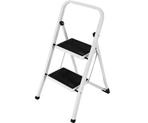 Bakaji Escalera plegable cuadrada para ahorrar espacio con peldaños antideslizantes y asa de seguridad, taburete escalera, estructura acero y revestimiento de goma, capacidad máx 150 kg (2 peldaños)